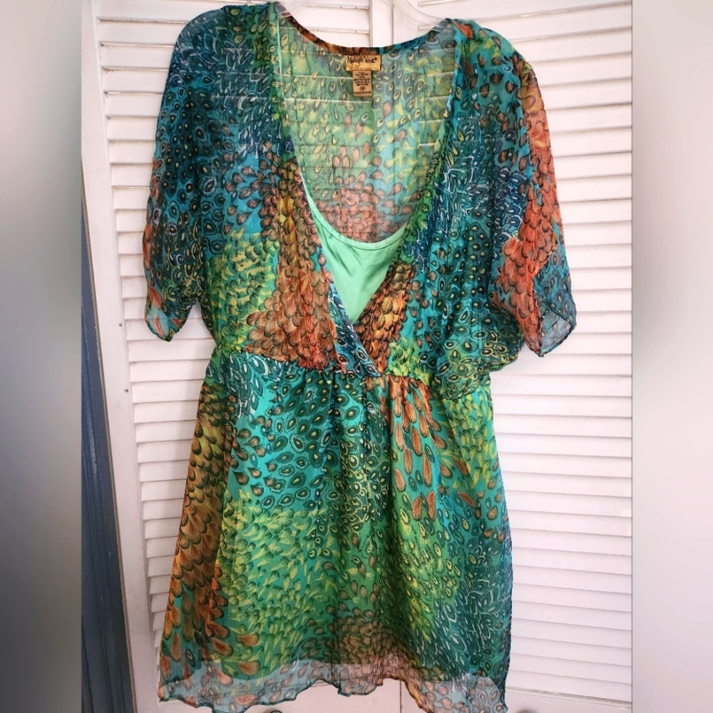 Midnight Velvet Peacock Print Tunic 2X EUC